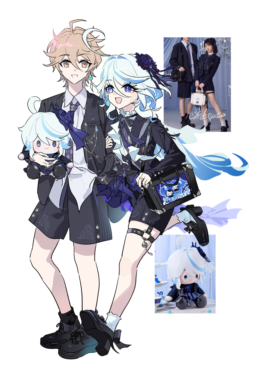 1boy 1girl absurdres aether_(genshin_impact) ahoge alternate_costume arm_hug bag black_bag black_shoes black_shorts black_socks black_suit blonde_hair blue_hair character_doll commentary_request doll floating_hair formal_clothes furina_(genshin_impact) genshin_impact grey_necktie hair_between_eyes highres holding holding_doll jacket long_hair long_sleeves multicolored_hair necktie open_clothes open_jacket open_mouth photo_inset pocket reference_inset shirt shoes shorts simple_background smile socks suit two-tone_hair very_long_hair walking white_background white_hair white_shirt white_socks xinliu_asato yellow_eyes