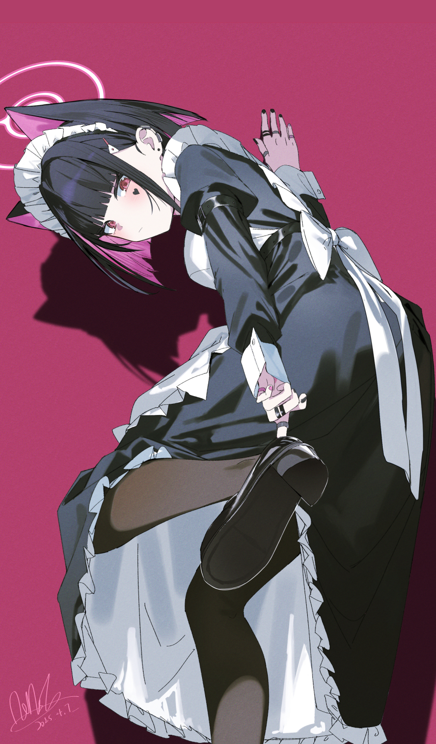 1girl :/ absurdres adjusting_footwear alternate_costume animal_ears black_dress black_hair black_pantyhose blue_archive blush cat_ears cat_girl closed_mouth commentary dress feet_out_of_frame frilled_dress frills heart heart_tattoo highres jewelry juliet_sleeves kazusa_(blue_archive) loafers long_sleeves looking_at_viewer looking_to_the_side maid_headdress multiple_rings pantyhose pink_background pink_eyes pink_hair puffy_sleeves qtian ring shoes short_hair signature simple_background single_ear_down solo standing standing_on_one_leg tattoo white_headdress white_wrist_cuffs wrist_cuffs