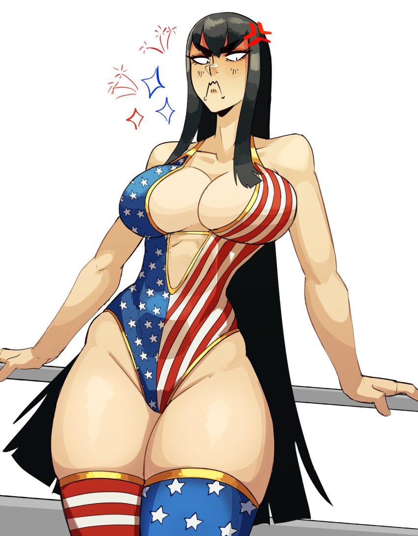 1girl american_flag american_flag_bikini american_flag_legwear american_flag_print american_flag_swimsuit anger_vein angry annoyed bare_shoulders bikini black_hair blue_eyes blush boots breasts cleavage cupperexe fireworks flag_print flag_print_bikini fourth_of_july gold_trim highres july kill_la_kill kiryuuin_satsuki large_breasts long_hair looking_at_viewer navel print_bikini print_swimsuit revealing_clothes sidelocks simple_background solo star_(symbol) star_print striped_clothes swimsuit thick_eyebrows thigh_boots thighhighs white_background