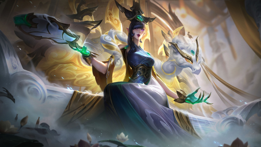 1girl black_hair breasts commentary cowboy_shot detached_sleeves dragon dress eastern_dragon english_commentary flower fog hair_between_eyes hand_fan highres holding holding_fan indoors league_of_legends league_of_legends:_wild_rift long_hair looking_at_viewer lunar_empress_morgana medium_breasts morgana_(league_of_legends) official_alternate_costume official_alternate_hairstyle official_art parted_lips pointy_ears purple_eyes sidelocks sitting solo thrown