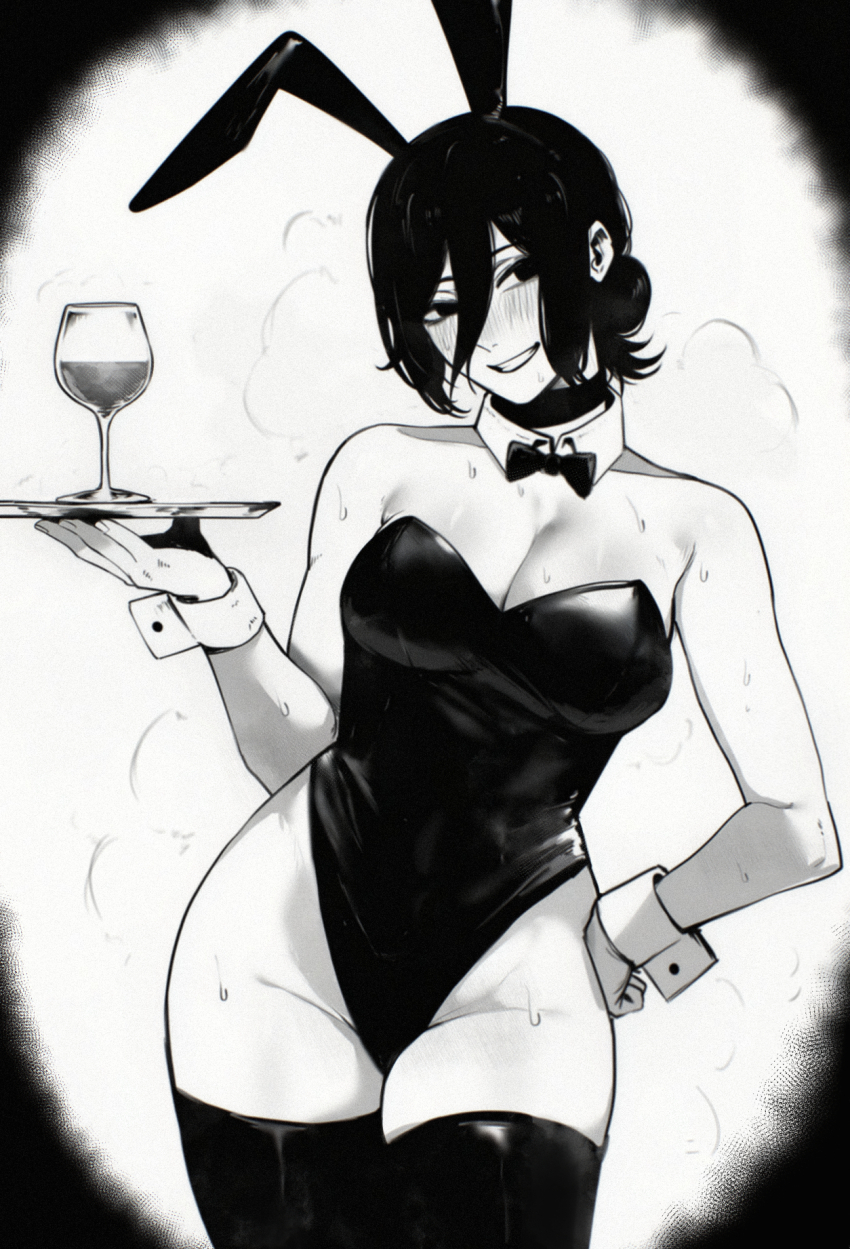 1girl alcohol alternate_breast_size_(larger) animal_ears bow bowtie breasts chainsaw_man choker cleavage commentary cup detached_collar drinking_glass english_commentary fake_animal_ears greyscale hair_between_eyes hair_bun highleg highleg_leotard highres holding holding_tray large_breasts leotard monochrome rabbit_ears rethoven reze_(chainsaw_man) solo strapless strapless_leotard sweat thighhighs tray wine wine_glass