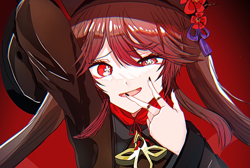 1girl arm_up black_nails chinese_clothes chromatic_aberration collared_coat commentary_request flower flower-shaped_pupils genshin_impact gradient_background hair_between_eyes hat hat_flower highres hu_tao_(genshin_impact) jewelry long_hair long_sleeves multiple_rings nail_polish red_background red_eyes ring solo symbol-shaped_pupils twintails upper_body w w_over_face w_over_mouth wide_sleeves yossi_art
