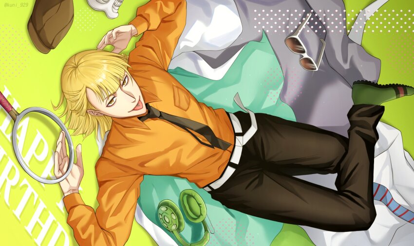 1boy :p belt black_pants bleach blonde_hair blunt_bangs bob_cut brown_eyes closed_mouth collared_shirt commentary_request foot_out_of_frame green_background green_shoes hair_spread_out hands_up happy_birthday headphones highres hirako_shinji holding holding_sword holding_weapon kuni_929 long_sleeves looking_at_viewer lying male_focus nose on_back orange_shirt pants piercing sakanade_(shikai) shikai shirt shoes short_hair simple_background smile solo sword tongue tongue_out tongue_piercing tsurime twitter_username upturned_eyes v-shaped_eyebrows weapon white_belt