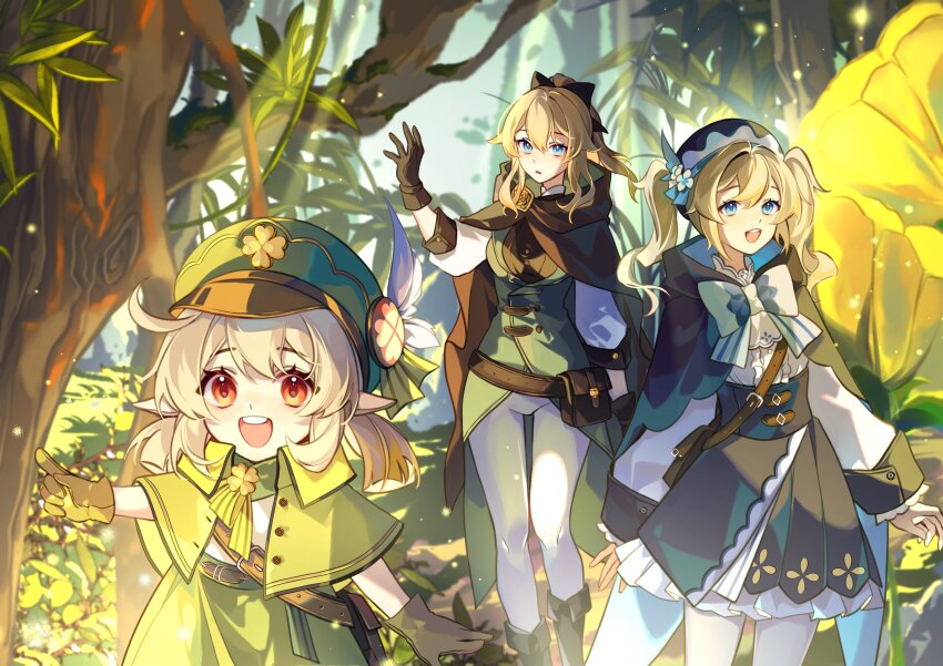 3girls absurdres alternate_costume barbara_(genshin_impact) belt black_gloves blonde_hair blue_eyes bow cape capelet fuzijo genshin_impact gloves green_hat hair_bow hat highres jean_(genshin_impact) klee_(genshin_impact) long_sleeves looking_ahead looking_to_the_side medium_hair multiple_girls open_mouth outdoors pants pantyhose pointy_ears ponytail red_eyes shirt siblings sisters skirt smile standing teeth twintails upper_teeth_only white_pants white_pantyhose