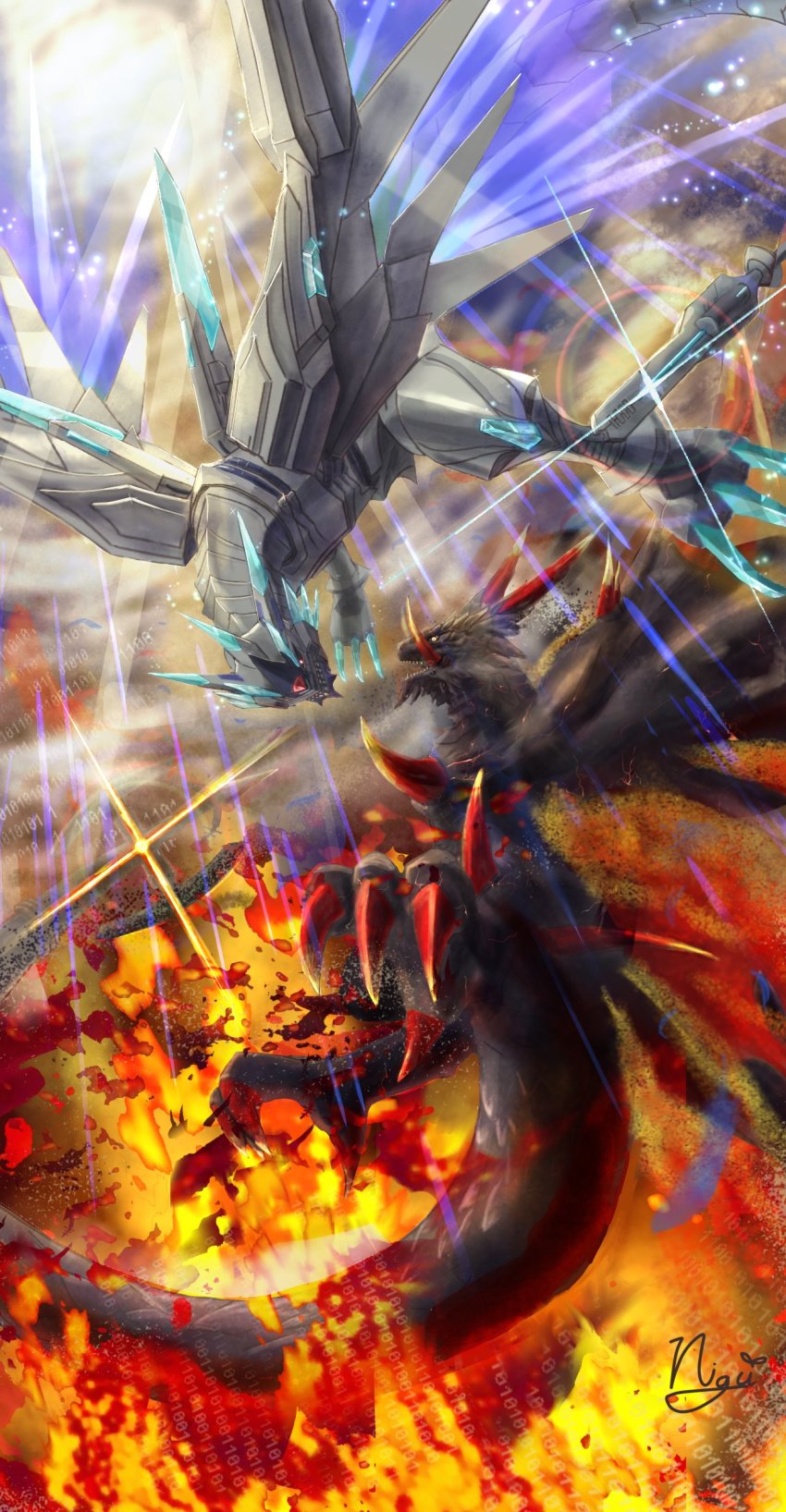 absurdres claws digimon dragon fire highres metallicdramon robot tail volcanicdramon wings