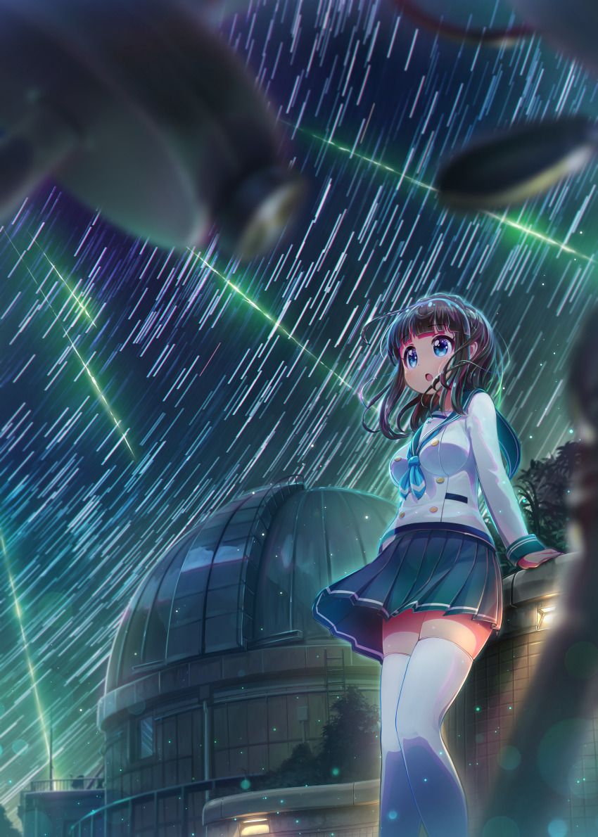 1girl absurdres arm_support asahina_kokomi battle_girl_high_school blue_eyes blue_neckerchief blue_skirt blunt_bangs blurry blurry_foreground brown_hair clip_studio_paint_(medium) commentary_request griffith_observatory highres light_particles long_hair long_sleeves neckerchief open_mouth outdoors pleated_skirt sailor_collar school_uniform shirt skirt sky solo star_(sky) starry_sky tamanegi_(12030028) thighhighs time_lapse white_shirt white_thighhighs zettai_ryouiki