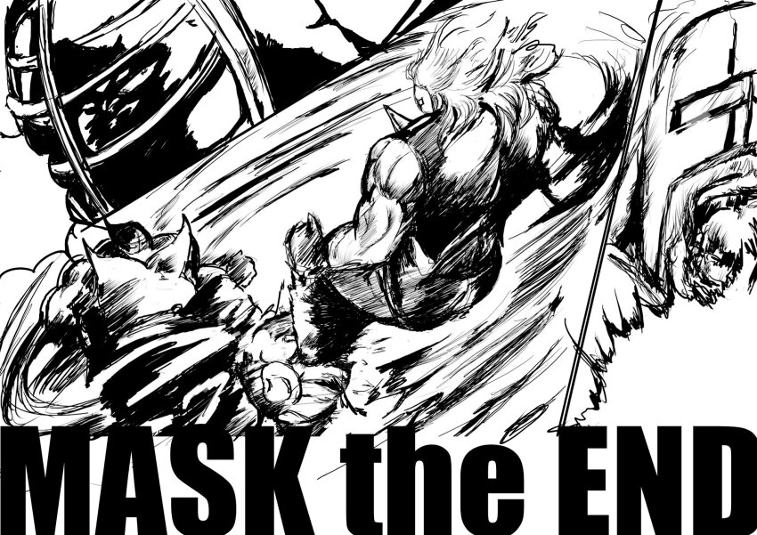 3boys abs attack biceps big_the_budo blood english_text facial_hair helmet highres holding kinniku_suguru kinnikuman kinnikuman_(character) looking_at_another manly monochrome motion_lines multiple_boys muscular mustache neptuneman serious shaded_face spikes standing tag_team teamwork vest wrestling wrestling_outfit yoshiokanp