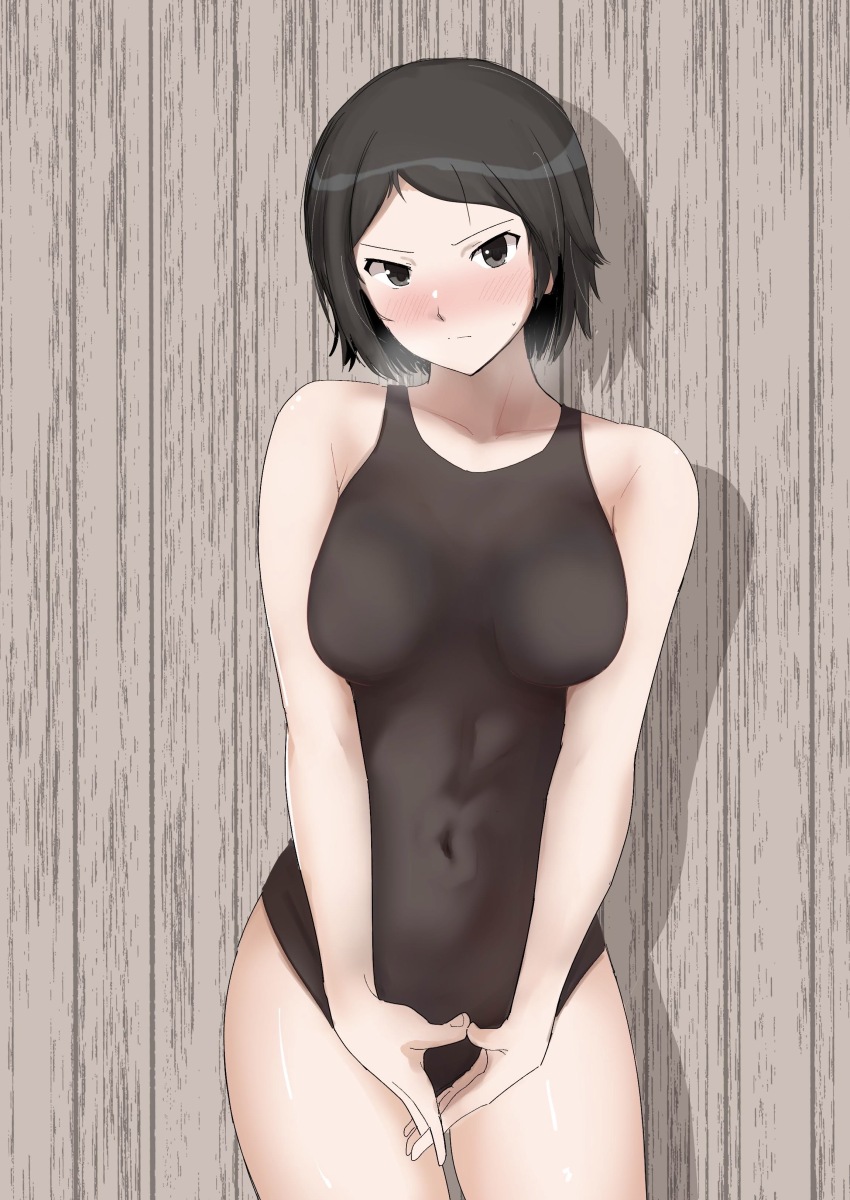 1girl absurdres amagami black_eyes black_hair black_one-piece_swimsuit blush breasts clenched_hands closed_mouth collarbone covered_navel cowboy_shot gyuunyuu_pack_(tanaka) highres kurosawa_noriko looking_at_viewer medium_breasts one-piece_swimsuit solo swimsuit v-shaped_eyebrows wooden_wall
