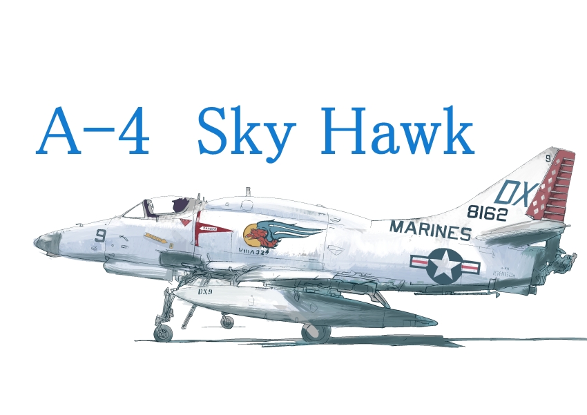 a-4_skyhawk absurdres aircraft airplane arrow_(symbol) boku_wa_shougakusei commentary commentary_request english_commentary english_text fighter_jet highres military military_vehicle mixed-language_commentary motor_vehicle no_humans original roundel shadow simple_background star_(symbol) triangle united_states_marine_corps vehicle_focus vehicle_name wheel white_background