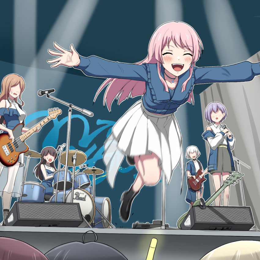 5girls anglediana ave_mujica_(bang_dream!) bang_dream! bang_dream!_it&#039;s_mygo!!!!! bare_shoulders black_hair blonde_hair boots breasts chihaya_anon chinese_commentary choker closed_eyes commentary_request dress frilled_dress frills highres jumping kaname_raana long_hair midriff_peek multiple_girls mygo!!!!!_(bang_dream!) nagasaki_soyo open_mouth pencil pink_hair pleated_skirt purple_hair shiina_taki skirt small_breasts stage takamatsu_tomori teeth upper_teeth_only very_long_hair white_hair