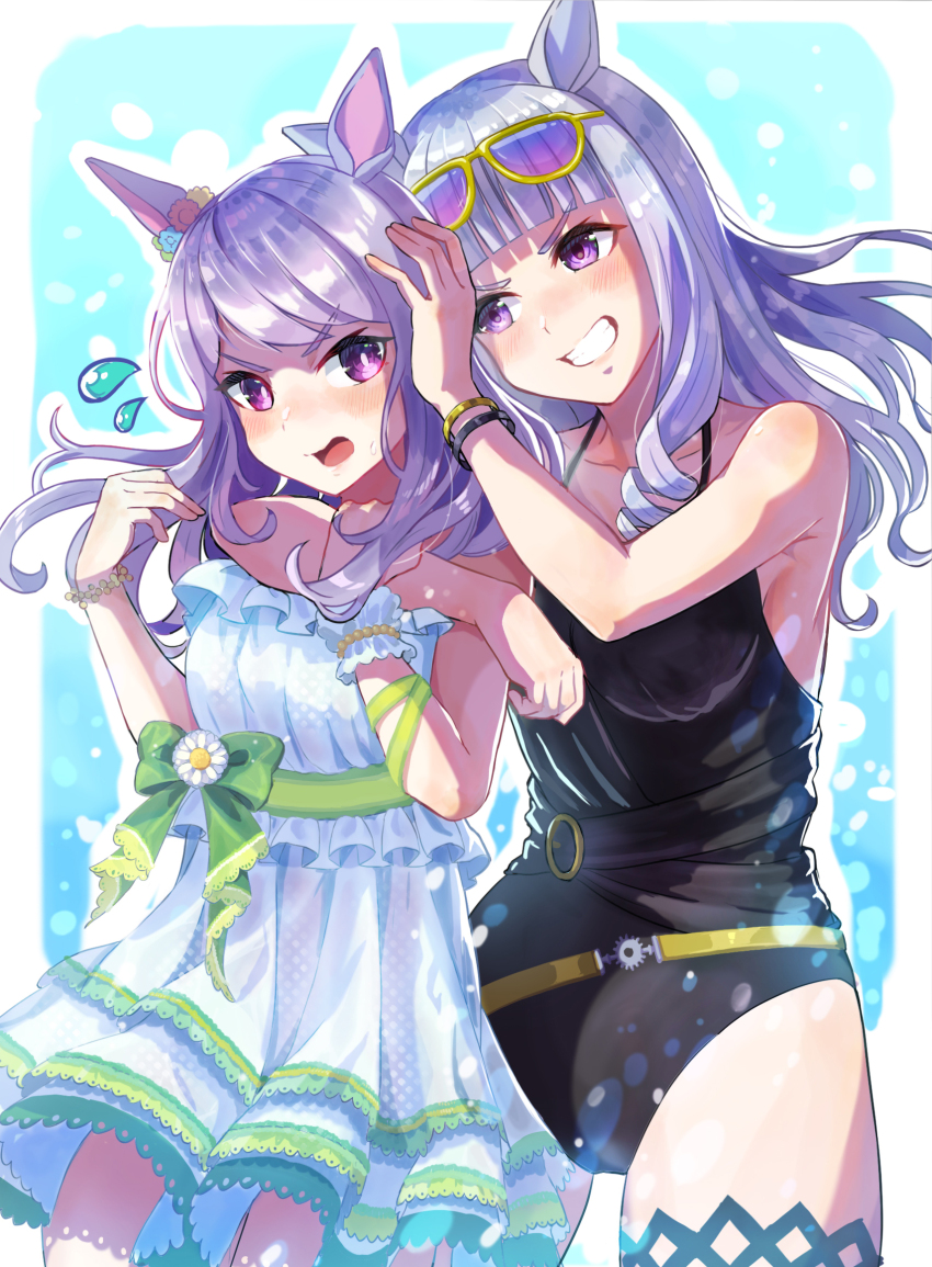 2girls 3_reversible animal_ears bare_shoulders black_one-piece_swimsuit blunt_bangs breasts casual_one-piece_swimsuit cleavage commentary_request cowboy_shot cup dress drinking_glass ear_flower eyewear_on_head gold_ship_(run_revolt_launcher)_(umamusume) gold_ship_(umamusume) grey_hair highres holding holding_cup horse_ears horse_girl horse_tail long_hair looking_at_viewer mejiro_mcqueen_(ripple_fairlady)_(umamusume) mejiro_mcqueen_(umamusume) multiple_girls official_alternate_costume one-piece_swimsuit purple_eyes purple_hair see-through_clothes see-through_dress smile sunglasses swept_bangs swimsuit tail umamusume
