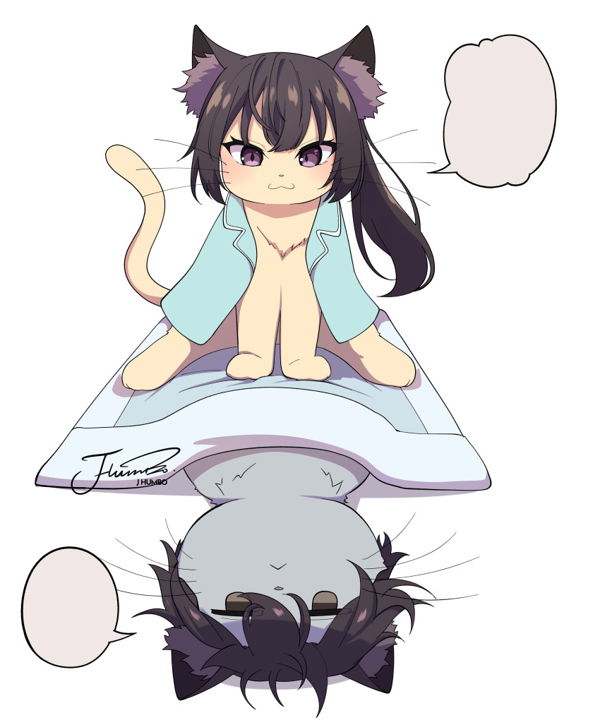 :&lt; :3 absurdres animal animal_ear_fluff animal_focus animalization artist_name black_eyes black_hair blank_eyes blank_speech_bubble blanket blush brother_and_sister cat clothed_animal commentary good_morning_my_brother!_(meme) highres j_humbo kuze_masachika long_hair lying meme no_humans on_back purple_eyes scene_reference siblings signature simple_background sitting sitting_on_person speech_bubble suou_yuki symbol-only_commentary tokidoki_bosotto_roshia-go_de_dereru_tonari_no_alya-san under_covers white_background