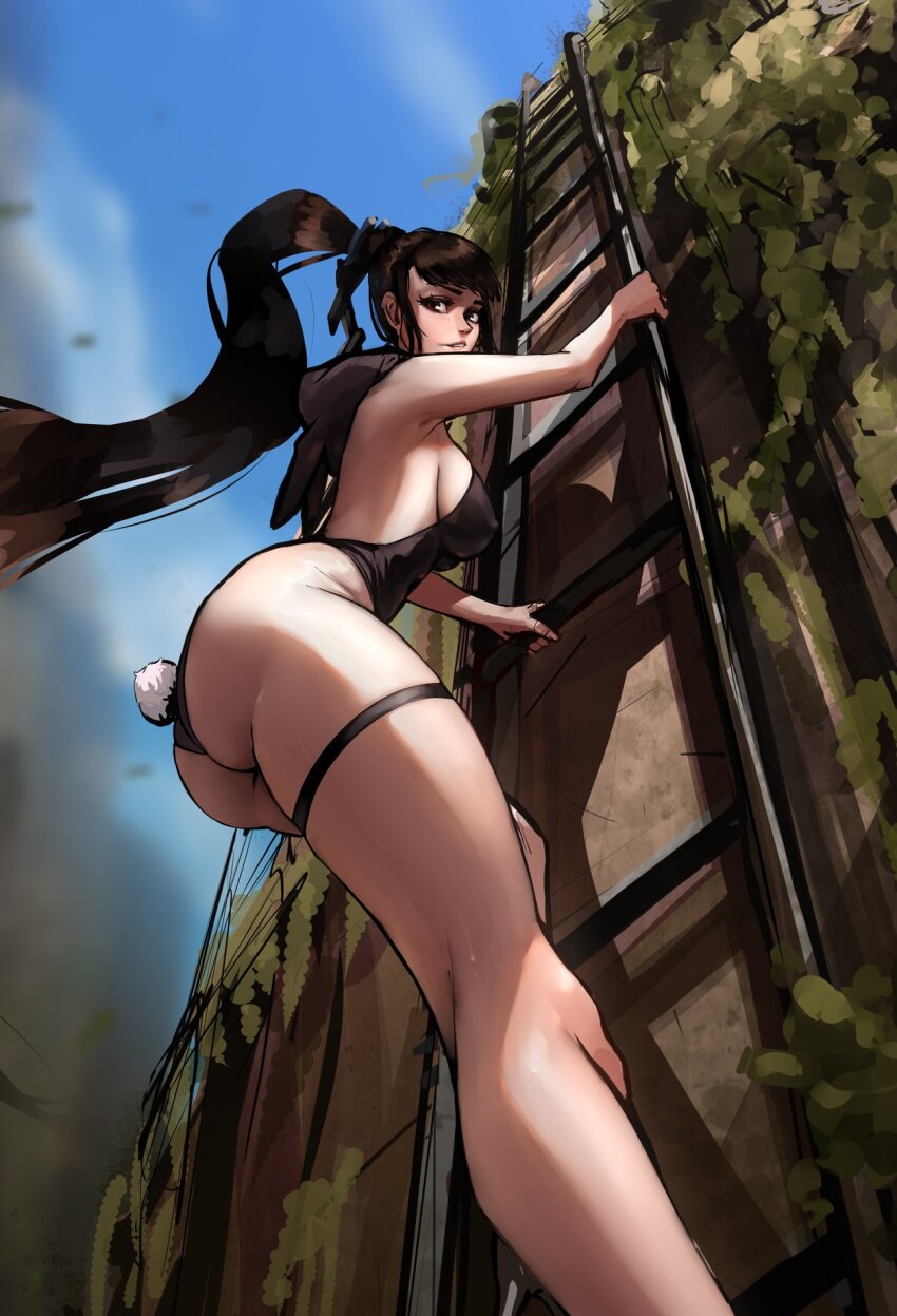 1girl alternate_costume ass black_footwear black_hair breasts climbing_ladder cloud cloudy_sky commentary covered_erect_nipples day english_commentary eve_(stellar_blade) fake_tail foreshortening from_below high_heels high_ponytail highleg highleg_leotard highres kneepits ladder large_breasts leotard long_hair looking_at_viewer nontraditional_playboy_bunny ponytail post-apocalypse rabbit_tail sideboob skindentation sky solo stellar_blade tail thick_thighs thigh_strap thighs touchme4lln8 very_long_hair