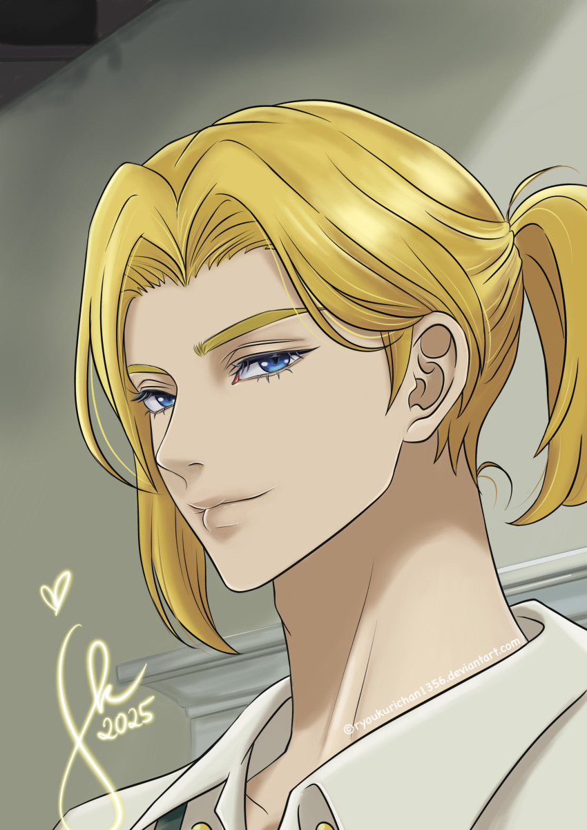 1boy absurdres alternate_hairstyle blonde_hair blue_eyes dated dress_shirt foreground_text gradient_background grey_background heart highres light_smile looking_at_viewer looking_to_the_side loosely_tucked_bangs luke_braveheart male_focus medium_hair official_alternate_hairstyle open_collar ponytail portrait procreate_(medium) ryoukurichan1356 shirt short_ponytail signature solo three_quarter_view white_shirt zenshuu