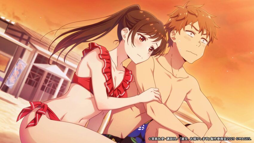 1boy 1girl bikini black_male_swimwear breasts brown_hair cleavage closed_mouth collarbone copyright_notice hand_on_another&#039;s_arm highres kanojo_okarishimasu kinoshita_kazuya leaning_on_person light_blush long_hair looking_ahead male_swimwear medium_breasts mizuhara_chizuru navel official_art orange_hair orange_sky outdoors ponytail red_bikini short_hair side-tie_bikini_bottom sitting sky swimsuit topless_male