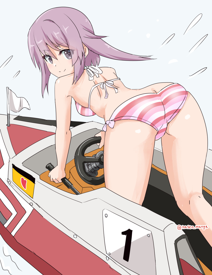 1girl absurdres alice_gear_aegis ass bikini boat breasts butt_crack highres hirasaka_yotsuyu on_boat pink_eyes pink_hair rasen_manga solo striped_bikini striped_clothes swimsuit watercraft