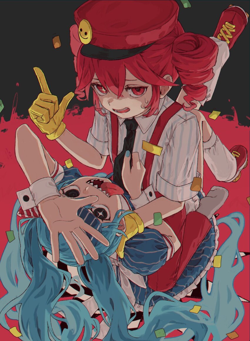 2girls blue_eyes blue_hair bow clinging dress emoticon finger_gun hat hatsune_miku highres kasane_teto long_hair medium_hair multiple_girls necktie open_mouth red_eyes red_hair ribbon sharp_teeth socks star_(symbol) star_in_eye striped_clothes sweatdrop symbol_in_eye teeth tomoja_rs twintails utau vertical-striped_clothes vocaloid white_socks white_wrist_cuffs wrist_cuffs