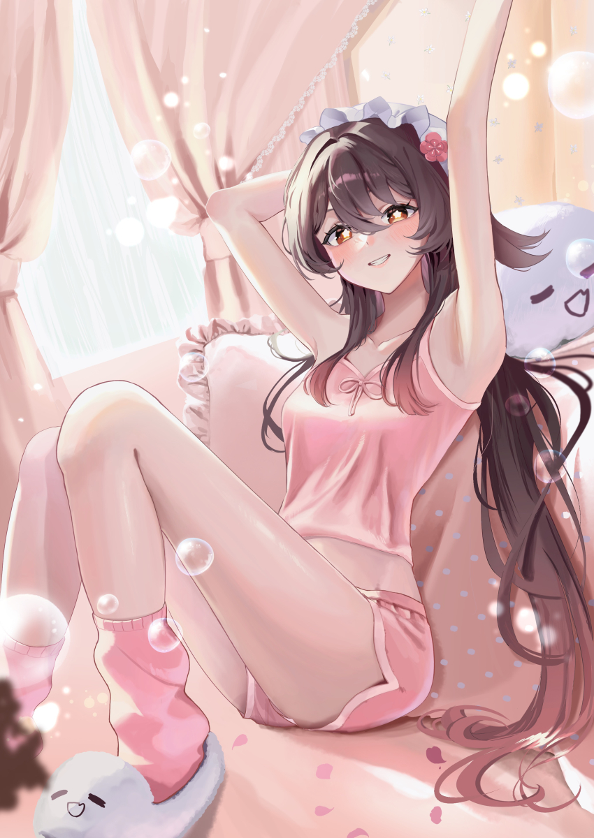 1girl absurdres alternate_costume alternate_hairstyle armpits arms_up blush breasts brown_hair flower-shaped_pupils genshin_impact hair_ornament highres hu_tao_(genshin_impact) leg_warmers long_hair looking_at_viewer loungewear midriff orange_eyes parted_lips pink_leg_warmers pink_shorts short_shorts shorts small_breasts smile solo symbol-shaped_pupils turyee0322 very_long_hair