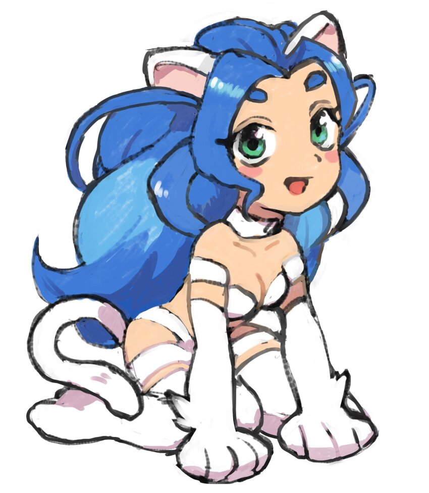 1girl :d animal_ears aqua_eyes blue_hair blush_stickers body_fur breasts cat_ears cat_girl cat_tail cleavage collarbone darkstalkers deformed felicia_(darkstalkers) full_body gan2 highres long_hair medium_breasts open_mouth simple_background sitting smile solo tail very_long_hair wariza white_background white_fur white_tail
