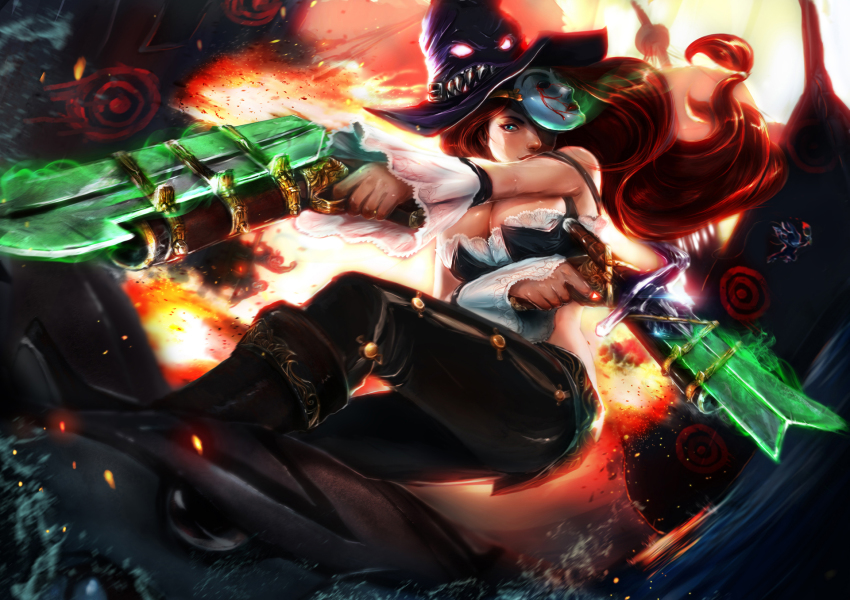 1girl bare_shoulders bayonet blue_eyes boat boots breasts chomper cleavage detached_sleeves dual_wielding explosion fangs female_focus fizz_(league_of_legends) gun handgun hat highres holding lace large_breasts league_of_legends long_hair mask miss_fortune_(league_of_legends) pistol red_hair shark smile solo watercraft weapon witch_hat