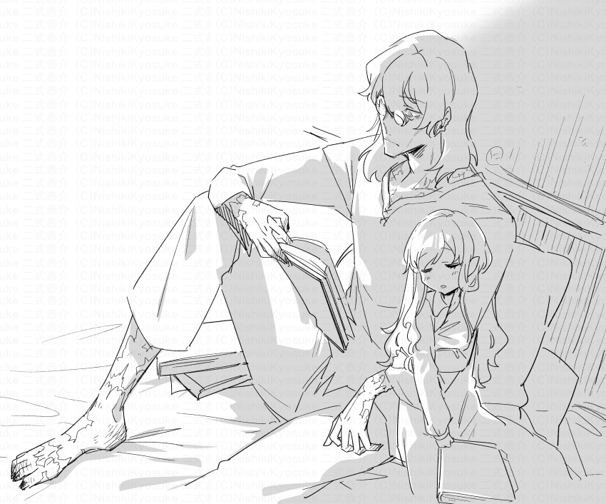 1boy 1girl absurdres barefoot book closed_eyes closed_mouth collared_dress curse_maker curse_maker_1 doctor_magus doctor_magus_4 dress etrian_odyssey greyscale hair_between_eyes highres holding holding_book knee_up long_hair long_sleeves monochrome nightgown nikki_kyousuke on_bed open_book pants parted_lips pillow shirt sitting sleeping very_long_hair