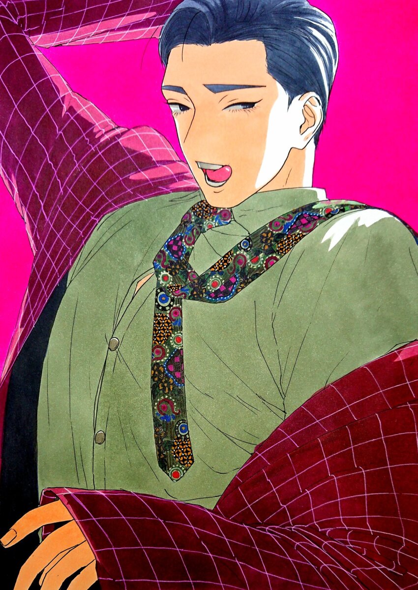1boy 59awakadoy arm_up blue_hair buttons collared_shirt commentary_request green_shirt grid_print highres jacket licking_lips long_sleeves looking_to_the_side male_focus necktie open_clothes open_jacket open_mouth original pink_background print_necktie red_jacket shirt short_hair sleeves_past_wrists solo tongue tongue_out traditional_media very_short_hair