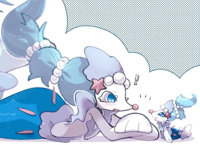 ! 1girl :o bad_tag blue_eyes blue_hair blush character_doll colored_eyelashes doll fang furry furry_female gem gen_7_pokemon hair_ornament helmet long_hair looking_at_object lying mermaid monster_girl multi-tied_hair nintendo on_stomach open_mouth pearl_(gemstone) pearl_hair_ornament pokemon pokemon_(creature) primarina sea_lion simple_background skin_fang snout solo sstoh starfish_hair_ornament upper_body white_background