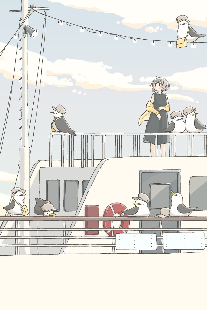 1girl absurdres bird blush boat brown_eyes closed_mouth collarbone east_sha2 expressionless grey_hair highres lifebuoy looking_away original outdoors short_hair solo standing swim_ring watercraft window
