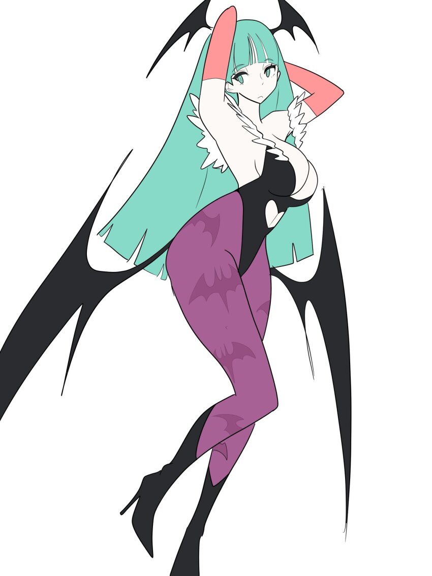 1girl animal_print armpits arms_up bare_shoulders bat_print bat_wings black_leotard breasts bridal_gauntlets cleavage closed_mouth clothing_cutout darkstalkers demon_girl fur-trimmed_leotard fur_trim green_eyes green_hair head_wings heart_cutout highleg highleg_leotard highres large_breasts leotard long_hair looking_at_viewer meke_(77842928) morrigan_aensland off-shoulder_leotard pantyhose print_pantyhose purple_pantyhose simple_background solo white_background wings