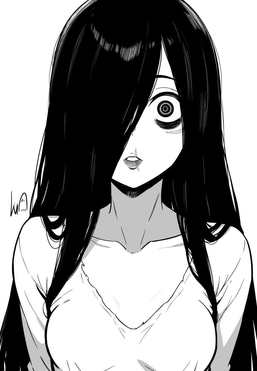 1girl absurdres bags_under_eyes breasts collarbone commentary english_commentary greyscale hair_over_one_eye highres long_hair lughost monochrome parted_lips ringed_eyes scar scar_on_face scar_on_mouth signature small_breasts solo the_ring upper_body yamamura_sadako