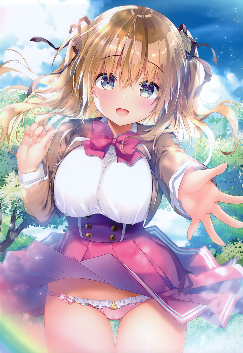 1girl :d absurdres blue_sky blush breasts brown_hair brown_jacket cameltoe clothes_lift cloud collared_shirt day frilled_panties frills grey_eyes hair_between_eyes hair_ribbon highres jacket kino_(kino_konomi) large_breasts long_hair looking_at_viewer non-web_source open_mouth original outdoors outstretched_arm panties pink_panties pleated_skirt rainbow red_skirt ribbon school_uniform shirt skirt skirt_lift sky smile solo tree underwear white_shirt wind wind_lift