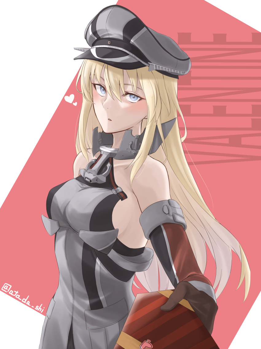 1girl absurdres anchor_choker atodashi bismarck_(kancolle) blonde_hair blue_eyes breasts brown_gloves detached_sleeves gloves hair_between_eyes hat heart highres kantai_collection large_breasts long_hair looking_at_viewer military military_hat military_uniform open_mouth peaked_cap solo very_long_hair