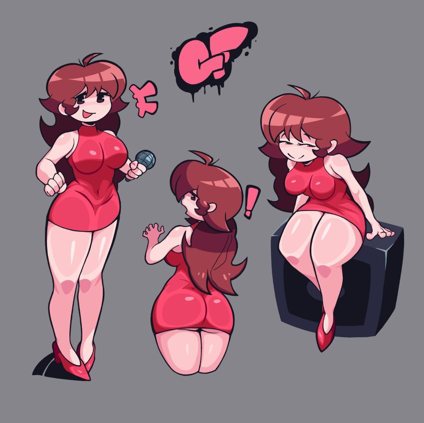 ! 1girl absurdres artist_request ass black_eyes blush breasts brown_hair curvy dress friday_night_funkin&#039; full_body girlfriend_(friday_night_funkin&#039;) graffiti grey_background hand_on_own_hip high_heels highres holding holding_microphone impossible_clothes impossible_dress long_hair looking_back medium_breasts microphone multiple_views red_dress red_nails shiny_clothes shiny_skin short_dress signature sitting speaker very_long_hair wide_hips