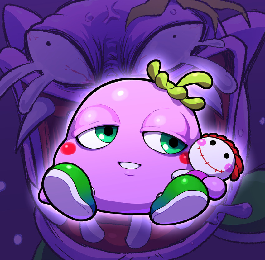 blush creature fangs green_eyes green_footwear highres holding holding_stuffed_toy hoshi_(star-name2000) monster nintendo open_mouth parted_lips saliva sitting spoiled_rotten stuffed_toy teardrop wario_land wario_land_4
