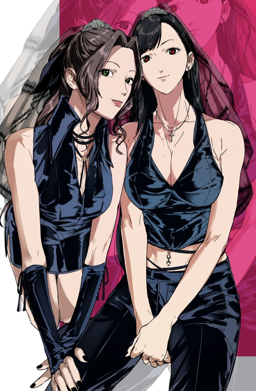 2girls aerith_gainsborough all_fours alternate_costume amikoiiko bare_shoulders belt between_legs black_belt black_bow black_dress black_hair black_nails black_pants black_tank_top bow braid braided_ponytail breasts brooch brown_hair cleavage collarbone crop_top cross cross_necklace dress earrings elbow_gloves feet_out_of_frame final_fantasy final_fantasy_vii fingerless_gloves flower_brooch glove_ribbon gloves goth_fashion green_eyes hair_ribbon hand_between_legs hand_on_another&#039;s_thigh hashtag-only_commentary highres invisible_chair jewelry large_breasts leather leather_dress leather_pants light_smile long_hair looking_at_viewer medium_breasts midriff multiple_girls navel navel_piercing neck_ribbon necklace obliques own_hands_together pants piercing pink_background pink_lips red_eyes ribbon side_slit sideboob sidelocks simple_background sitting sternocleidomastoid_muscle tank_top tifa_lockhart toned toned_female tongue tongue_out torso_ribbon two-tone_background white_background zoom_layer