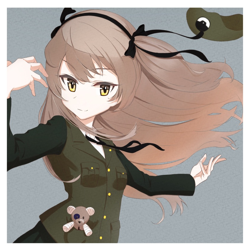 1girl beret black_hat black_jacket black_necktie black_ribbon black_skirt boko_(girls_und_panzer) brown_eyes closed_mouth commentary dress_shirt emblem girls_und_panzer grey_background grey_jacket hair_ribbon hat highres jacket japanese_tankery_league_(emblem) light_brown_hair long_hair long_sleeves looking_at_viewer military_hat military_uniform multicolored_jacket necktie object_in_pocket one_side_up oritako pocket ribbon selection_university_military_uniform shimada_arisu shirt skirt smile solo standing stuffed_animal stuffed_toy teddy_bear two-tone_jacket white_shirt wind