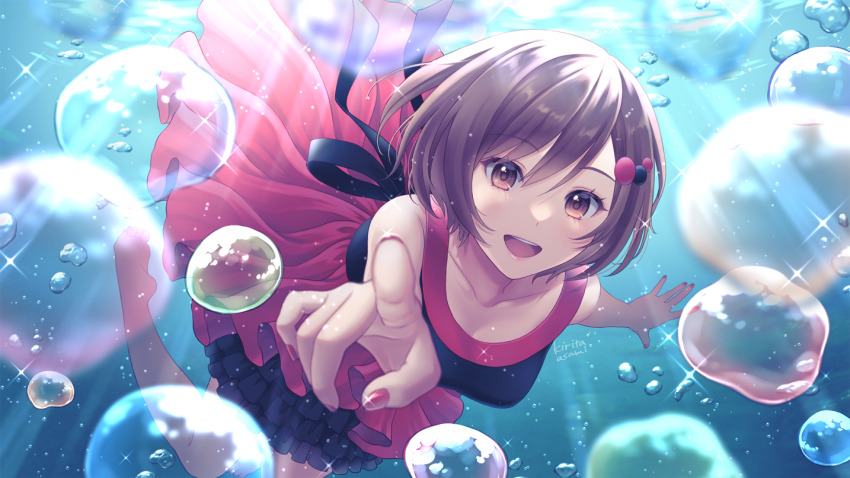 1girl :d brown_eyes brown_hair bubble dress foreshortening kirita_asami looking_at_viewer meiko_(vocaloid) open_mouth pointing pointing_at_viewer short_hair sleeveless smile solo underwater vocaloid
