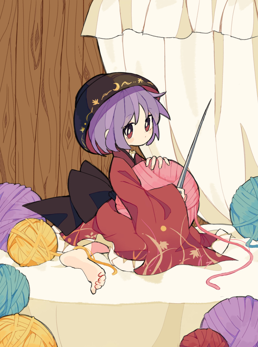1girl absurdres back_bow barefoot black_bow black_hat blush_stickers bow bowl bowl_hat closed_mouth commentary_request curtains fingernails frills hair_between_eyes hat highres holding holding_needle holding_yarn indoors japanese_clothes kimono korean_commentary leaf_print long_hair long_sleeves looking_at_viewer maple_leaf_print meonjiuikkum moon_print needle purple_hair red_eyes red_kimono short_hair sitting solo sukuna_shinmyoumaru touhou wide_sleeves yarn yarn_ball