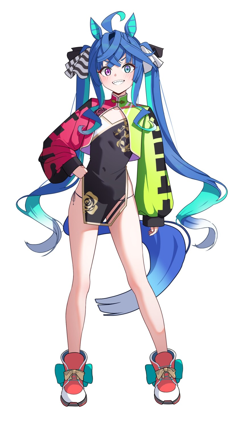 1girl absurdres ahoge animal_ears aqua_hair black_dress black_panties black_ribbon blue_eyes blue_hair blush china_dress chinese_clothes commentary commentary_request covered_navel dress flat_chest floral_print full_body green_jacket grin hair_ribbon hand_on_own_hip heterochromia highres horse_ears horse_girl horse_tail jacket long_hair looking_at_viewer multicolored_hair multicolored_jacket panties purple_eyes red_jacket red_shoes ribbon schwarz_rubin sharp_teeth shoes side-tie_panties simple_background smile sneakers solo standing striped_ribbon tail teeth twin_turbo_(umamusume) twintails umamusume underwear very_long_hair white_background white_hair white_ribbon