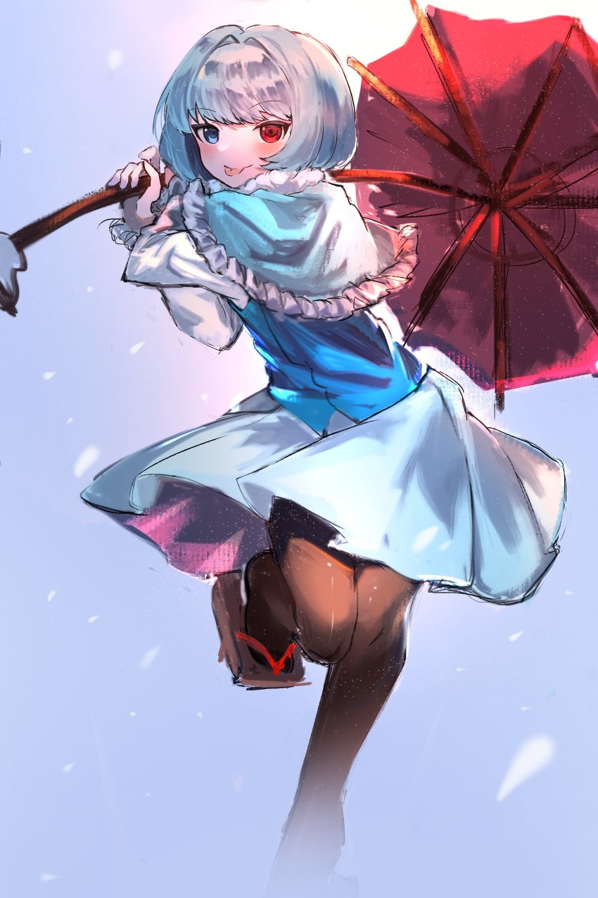 1girl absurdres blue_background blue_capelet blue_eyes blue_hair blue_skirt blue_vest capelet commentary commeowdore commission english_commentary heterochromia highres holding holding_umbrella leg_up long_sleeves looking_at_viewer oil-paper_umbrella pantyhose red_eyes red_umbrella short_hair skirt solo tatara_kogasa tongue tongue_out touhou umbrella vest wild_and_horned_hermit