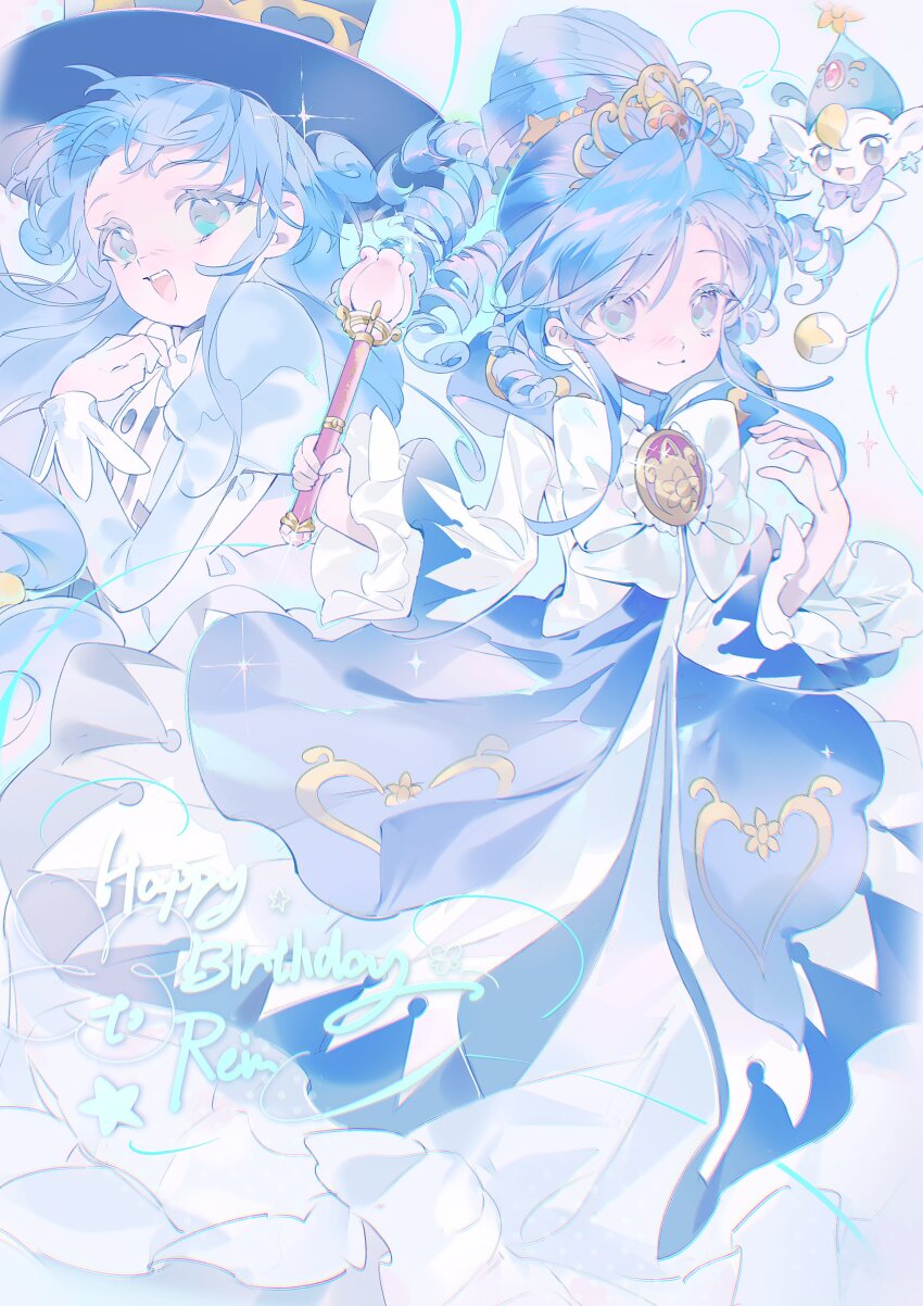 2girls absurdres blue_dress blue_eyes blue_hair blue_hat blue_outline blue_skirt blue_theme bow bowtie buttons character_name closed_mouth colored_eyelashes dot_nose dress drill_hair dual_persona english_text floating_hair frilled_dress frilled_sleeves frills full_body fushigiboshi_no_futago_hime gold_tiara gown grey_background hair_bun half_updo hand_on_own_chest happy_birthday hat highres holding holding_wand juliet_sleeves long_dress long_hair long_sleeves looking_at_viewer magical_girl multiple_girls open_mouth outline pleated_dress princess puffy_sleeves pumo_(futagohime) ravenya0w0 rein_(futagohime) rein_(prominence_dress_up)_(futagohime) single_hair_bun skirt smile teeth top_hat upper_teeth_only very_long_hair wand white_bow white_bowtie white_sleeve_cuffs wide_sleeves