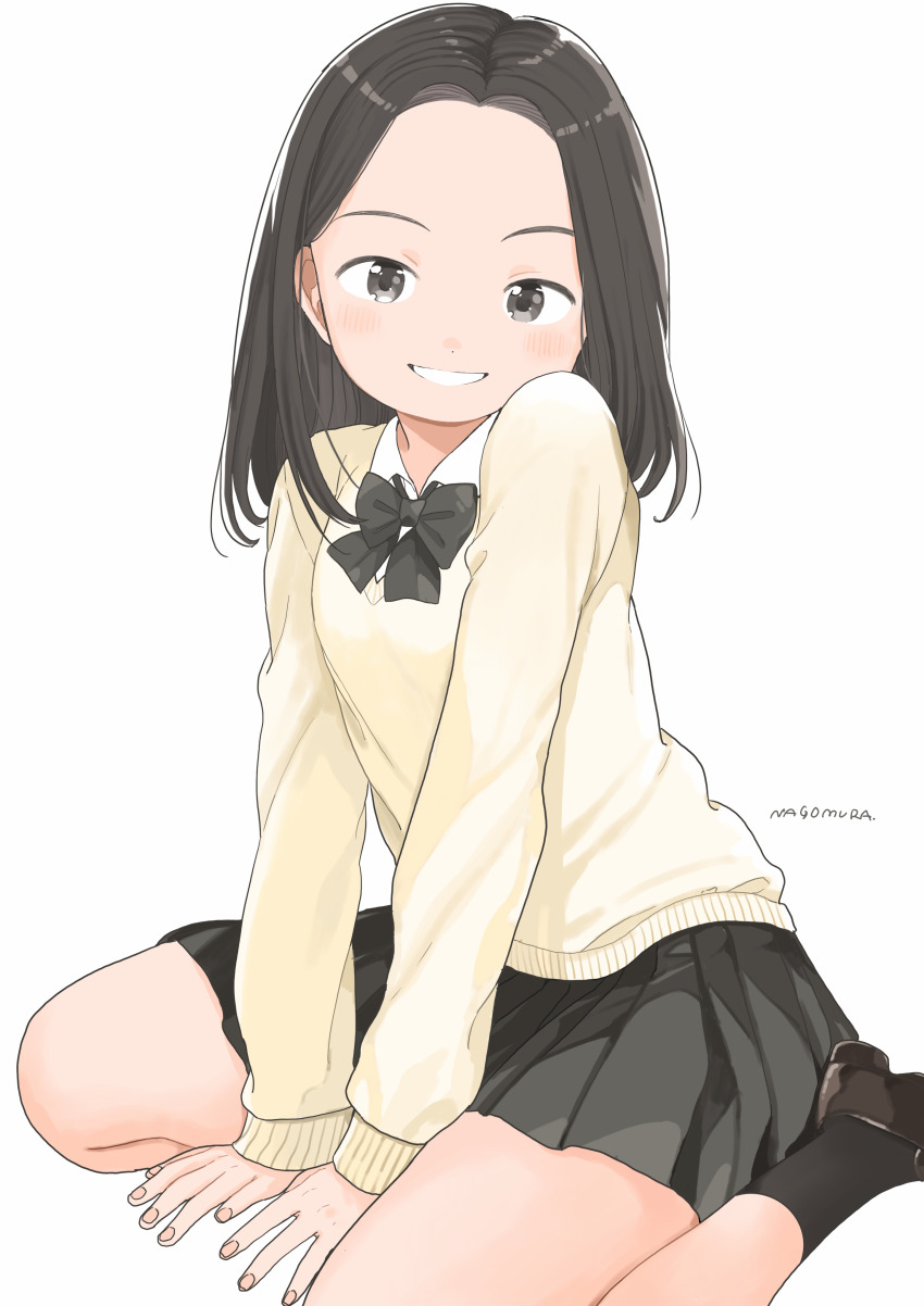 1girl absurdres between_legs black_hair black_skirt black_socks blush cardigan grin hand_between_legs highres large_forehead loafers looking_at_viewer medium_hair nagomurasan original pleated_skirt school_uniform shoes signature sitting skirt smile socks thighs v_arms wariza yellow_cardigan