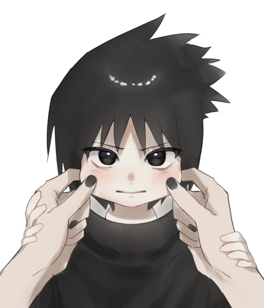 1boy :i absurdres black_eyes black_hair black_nails blush cheek_pinching grabbing_another&#039;s_hand highres naruto_(classic) naruto_(series) pinching pov short_hair simple_background solo_focus uchiha_sasuke user_znpm8485 white_background