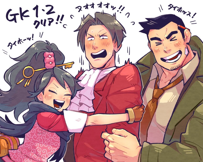 &gt;_&lt; 1girl 2boys ace_attorney ace_attorney_investigations ascot closed_eyes coat collared_shirt dick_gumshoe flying_sweatdrops green_coat high_ponytail highres hug jacket kay_faraday male_focus miles_edgeworth multiple_boys necktie pencil_behind_ear pink_shirt ponytail red_jacket red_necktie scarf shirt surprised teeth translation_request white_ascot yowasabimechaoc
