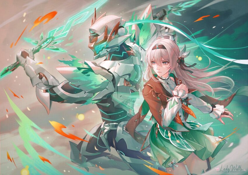 1girl armor artist_name black_jacket clenched_hand dual_wielding energy_sword fire firefly_(honkai:_star_rail) green_skirt grey_hair holding holding_sword holding_weapon honkai:_star_rail honkai_(series) jacket ladywaltz long_hair power_armor sam_(honkai:_star_rail) shirt skirt sword weapon white_shirt