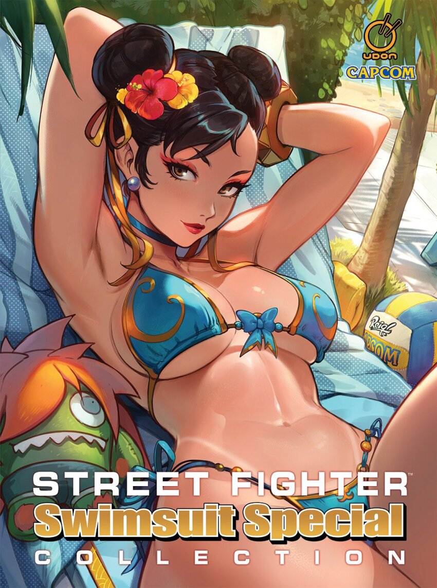 1girl armpits arms_behind_head ball beach bikini black_hair blue_bikini breasts brown_eyes brown_hair capcom character_doll chun-li cleavage curvy double_bun hair_bun highres large_breasts legs looking_at_viewer lying makeup navel ocean official_art red_lips reiq seductive_smile smile solo street_fighter stuffed_toy swimsuit tan tanline thick_thighs thighs thong_bikini toned udon_entertainment underboob volleyball_(object) water