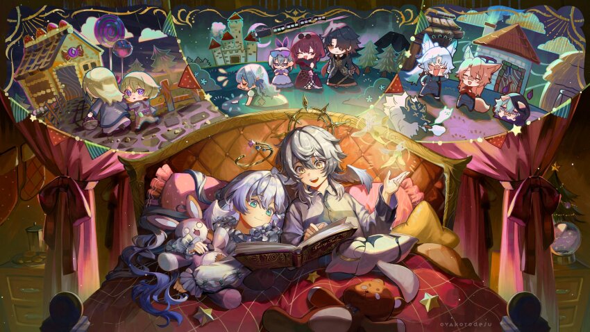 5boys 6+girls :d aged_down alternate_costume animal_ears astral_express_(honkai:_star_rail) aventurine_(honkai:_star_rail) basket blade_(honkai:_star_rail) blonde_hair book brother_and_sister candy castle chest_of_drawers christmas_tree cinderella closed_eyes cloud commentary crescent_moon crossdressing crossed_bangs crying dress english_commentary expressionless eyewear_on_head feixiao_(honkai:_star_rail) firefly_(honkai:_star_rail) flying_teardrops food fox_boy fox_ears fox_girl fox_tail glass_slipper grey_hair hair_between_eyes halo hansel_and_gretel head_wings highres holding holding_basket honkai:_star_rail honkai_(series) hood hood_up hoolay_(honkai:_star_rail) house jiaoqiu_(honkai:_star_rail) kafka_(honkai:_star_rail) kakavasha&#039;s_sister_(honkai:_star_rail) kakavasha_(honkai:_star_rail) long_hair looking_back moon moze_(honkai:_star_rail) multiple_boys multiple_girls on_bed open_book open_mouth orange_hair oyakorodesu pig_nose purple_eyes purple_hair robin_(honkai:_star_rail) siblings silver_wolf_(honkai:_star_rail) smile snow_globe stuffed_animal stuffed_rabbit stuffed_toy sunday_(honkai:_star_rail) sunglasses tail three_little_pigs wings