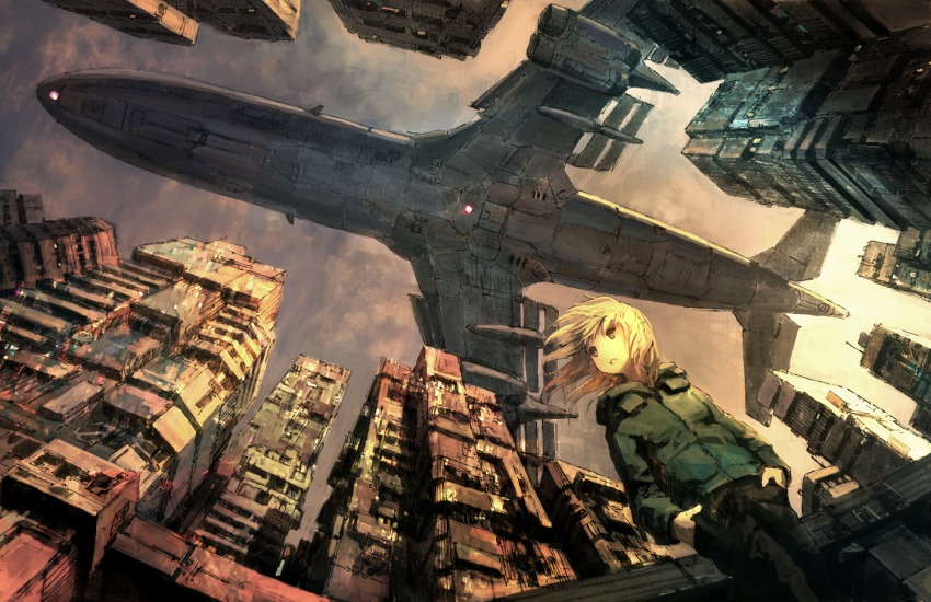 1girl aircraft airplane blonde_hair building calligraphy_brush_(medium) city female_focus from_below grey_eyes hands_in_pockets hood hooded_jacket jacket long_hair looking_up millipen_(medium) original pen_(medium) scenery sky solo tokunaga_akimasa traditional_media urban vehicle_focus
