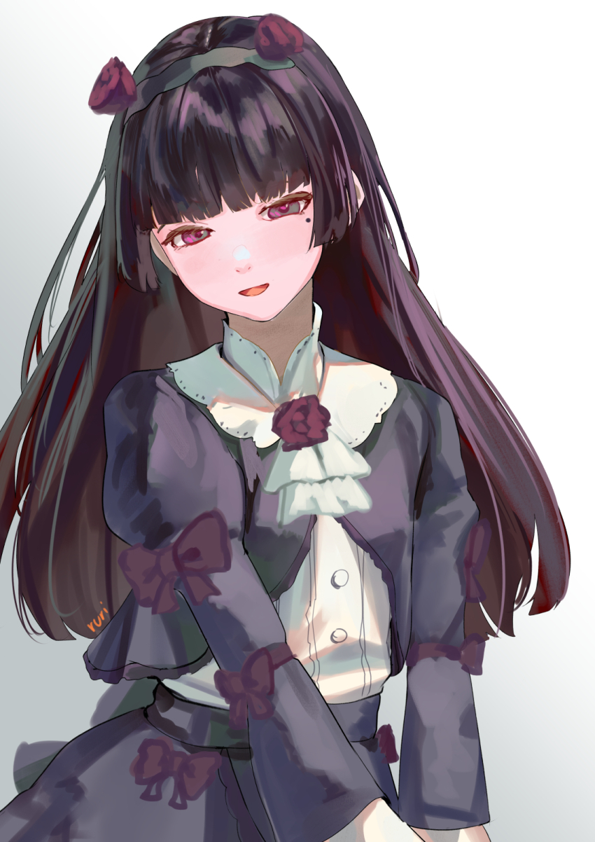 1girl black_hair black_shirt black_skirt blunt_bangs bow collared_shirt flower gokou_ruri gothic_lolita gradient_background grey_background hair_flower hair_ornament hairband highres lolita_fashion long_hair long_sleeves looking_at_viewer mole mole_under_eye open_mouth ore_no_imouto_ga_konna_ni_kawaii_wake_ga_nai purple_bow purple_eyes rurikon shirt shirt_under_shirt skirt solo too_many_bows white_shirt