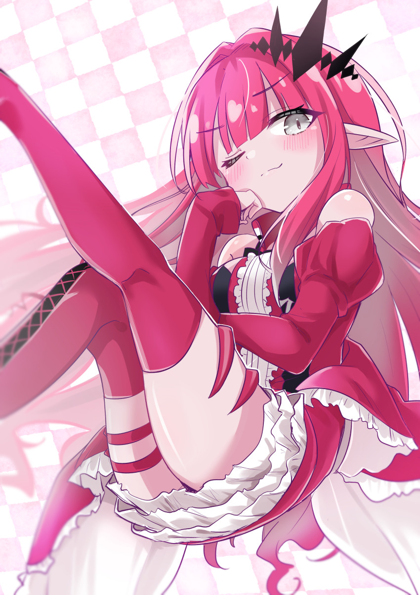1girl absurdres baobhan_sith_(fate) baobhan_sith_(first_ascension)_(fate) bare_shoulders blush boots breasts center_frills detached_collar detached_sleeves dress fate/grand_order fate_(series) frills grey_eyes highres long_hair looking_at_viewer medium_breasts meggut_2521 one_eye_closed pink_hair pointy_ears red_boots red_dress sidelocks smile solo thigh_boots tiara